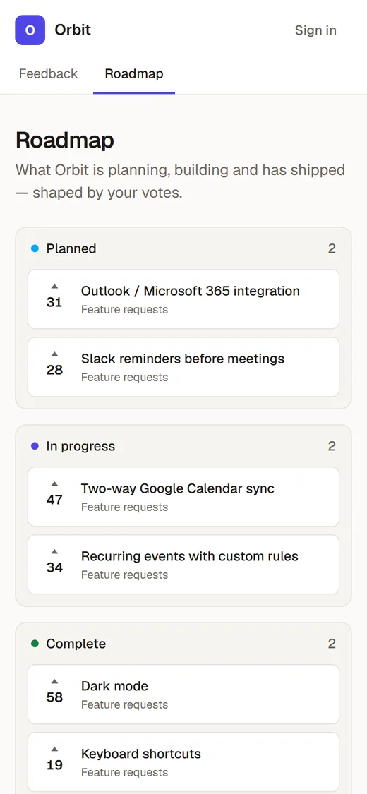 Echoboard roadmap on a phone: ideas grouped into Planned, In progress and Complete.