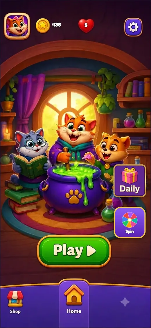 Water Sort home screen: three cats brewing potions in a cozy shop.
